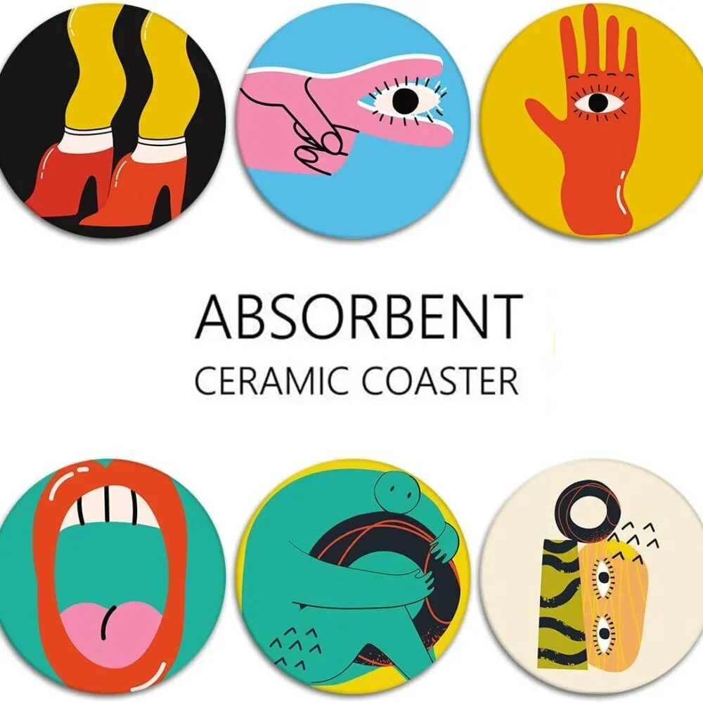 Table Coaster for Drinks Set of 6, Cute Funny Vintage Music Retro Geometric Coff